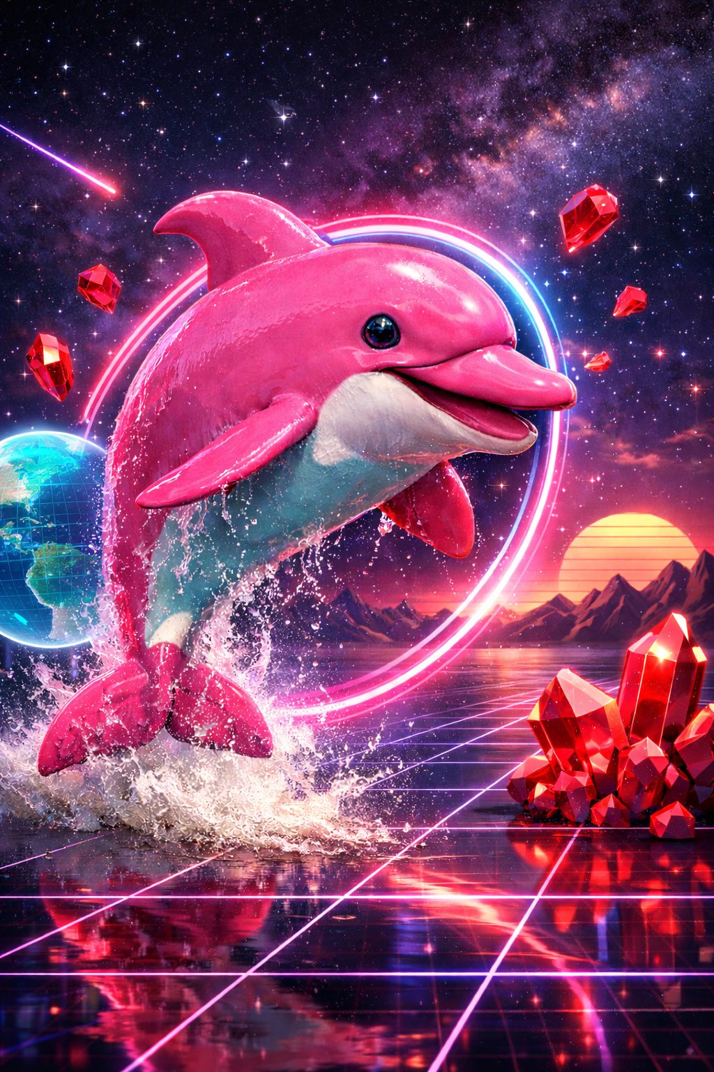 The Mayu dolphin reimagined in a retro landscape